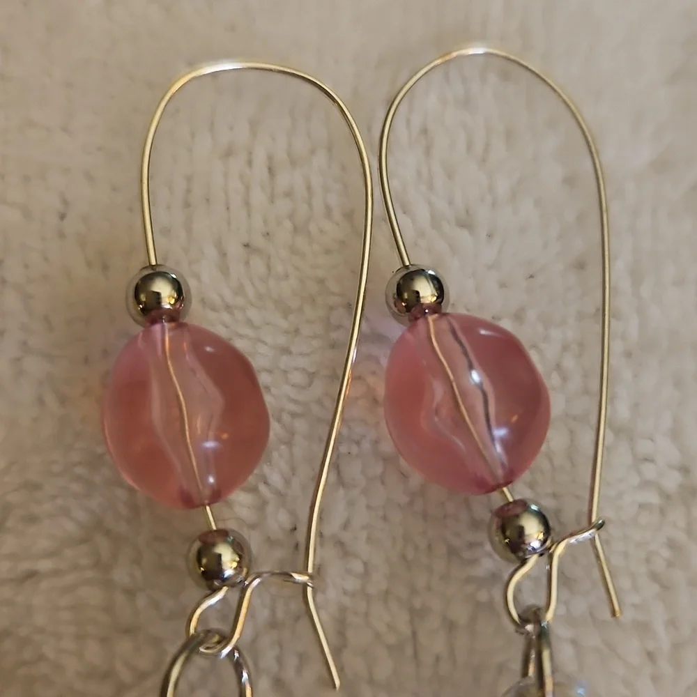 3/$30 HANDCRAFTED Silver and Pink Beaded Disco Ball Hoop Earrings